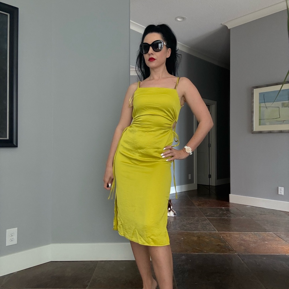 Christian Lacroix Yellow Sheath Midi Dress Spaghetti Strap